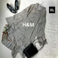 2066ꕤエイチアンドエム ロング丈ストライプシャツ【XL】モノトーン きれいめ