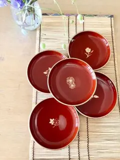 漆器　漆塗　橘　花柄朱塗り　5枚小皿