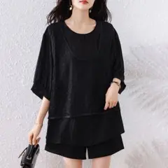 夏物コーデ 大人 オシャレ フェイクインナー ブラウス 体型カバー 丸襟