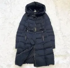 ZARA ロングダウンコート ベルト ボア フード 袖リブ ネイビーXS