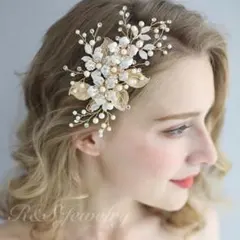 ゴールドヘッドドレスブライダルヘアアクセサリーリーフ花髪飾り結婚式ウェディングa