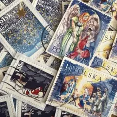おしゃれな外国切手　ポーランド　クリスマス切手　紙付き　4種　25枚　海外切手