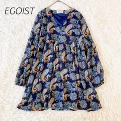 エゴイスト ペイズリー柄 シアー ワンピース 長袖 ネイビー フレア 上品