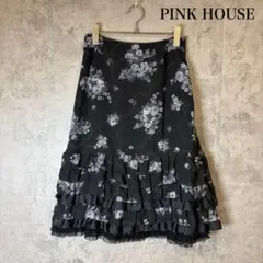 PINK HOUSE フリル ティアードスカート 薔薇 黒ベース M N3837のサムネイル