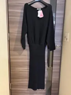 新品 LL 黒 ニット ロング ワンピース 大きい 着まわし着痩せ しまむら