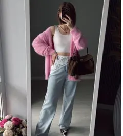 ピンク　フワフワ カーディガン Vネック　ニット　シャギー風