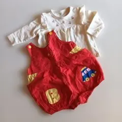 赤いオーバーオールと長袖シャツセット　古着