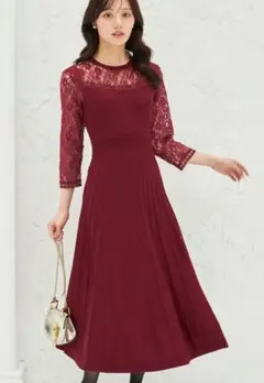 レースドッキングニットプリーツワンピース　バーガンディ