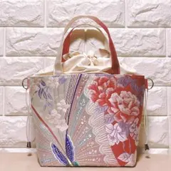 帯リメイク　華やか 蝶 花柄刺繍　あおりポケ　オフホワイト巾着トート　2WAY