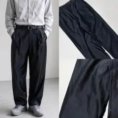 90s 3タック シルク スラックス ワイド テーパード 燻み ネイビー