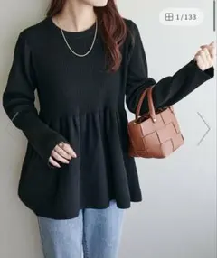 【Discoat】リブ切替ペプラムプルオーバー ブラック