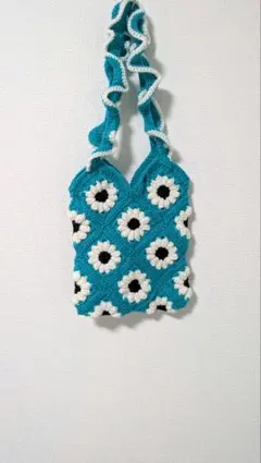 【モチーフ編みバッグ】フラワー ホワイト×ターコイズブルー