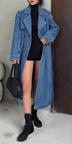 【新品未使用】デニム秋冬用ロングコート ベルト付き