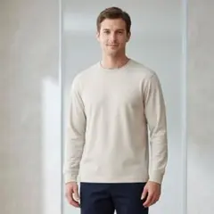 美品★ユニクロ エアリズムコットンUVカットクルーネックＴ 長袖 ベージュ Ｌのサムネイル