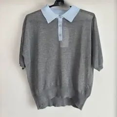最終お値下げ❣️しまむら　半袖 ニット ポロシャツ グレー×ライトブルー　透け感