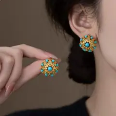 【新品】ターコイズ ブルー ピアス ゴールド ヴィンテージ调 透かし彫り 華やか