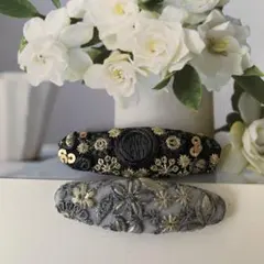 インド刺繍リボン　大きめオーバルパッチンピン　大人のグレー　2個セット