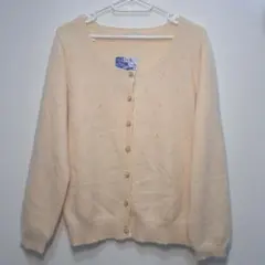 【未使用】アンゴラ混ニットカーディガン 透かし柄 金縁パール釦 長袖 LL