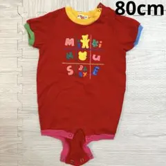 ミキハウス ロンパース 80cm 半袖 赤 くま プリント レトロ カバーオール
