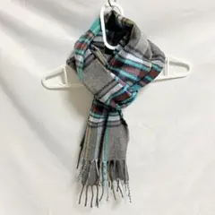［中古］チェック柄マフラー グレー ターコイズ