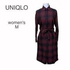 ユニクロ UNIQLO 長袖 シャツワンピース 赤系 チェック柄 ネルシャツ M