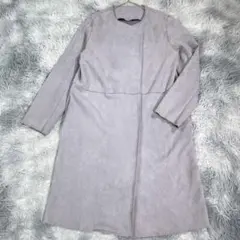 【9AR】スエード風ノーカラーコート　ライトグレー　レディース　春秋