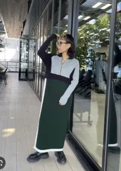 【A+TOKYO 】 ハーフジップカラーブロックニットワンピース