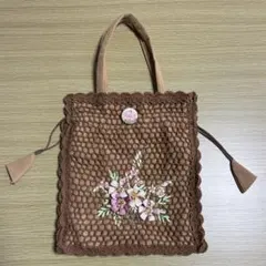 花柄刺繍 巾着バッグ ブラウン