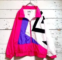 90s ナイロンジャケット 派手柄 ビッグシルエット ピンク 古着 L