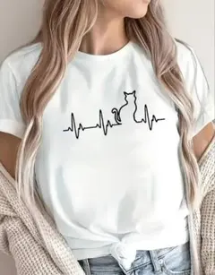 【現品限り】猫の心電図プリント 半袖Tシャツ ホワイト　M