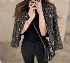 DHOLIツイードジャケット パールボタン付き ブラック