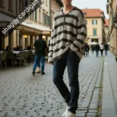 メンズ シャギーカーディガン ルーズフィット ウール y2k ボーダー Vネック