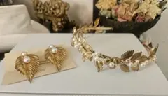 カチューシャ＆ピアスセット　ウェディング　ゴールドアクセサリー