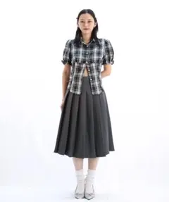 ENLIKE プリーツフレアスカート グレー ミディ丈