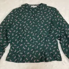 美品✨ダークグリーン　花柄　ペイズリー　長袖ブラウス　シャツ　レトロ　総柄