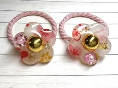 キッズヘアゴム　レジンヘアゴム　花の形　和柄　ヘアゴムセット　お祭り