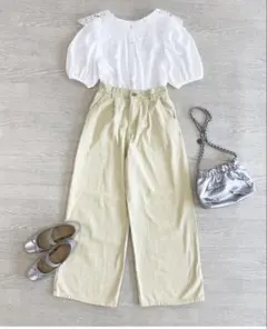 新品　ワイド　デニム　パンツ　ジーンズ　L ウエストゴム　薄イエローベージュ　L