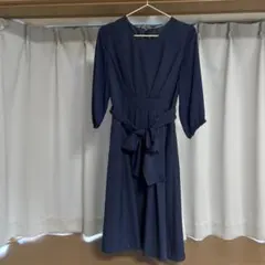 Ruli ネイビー 長袖 ひざ丈ワンピース