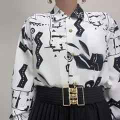 ホワイト ブラック 金ボタン ヴィンテージ 古着 長袖 レトロ 柄シャツ