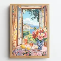A4 花咲く窓辺から眺める地中海の風景｜ヨーロッパの海辺アートポスター