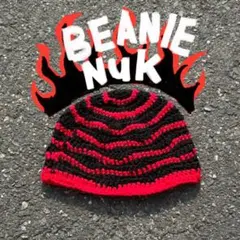【ハンドメイド】手編み クロシェ ビーニー ニット帽 赤×黒 ウェーブのサムネイル