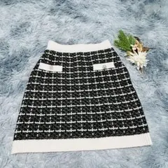 lNGNI イング (M) ミニ丈 ニットタイトスカート チェック柄 黒