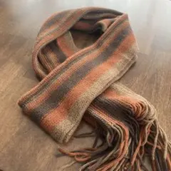 メンズ　茶とオレンジストライプ　ニットマフラーウール混　イタリア製