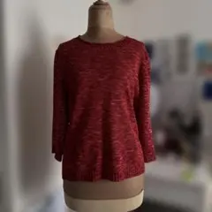 赤　ミックス編　クルーネック　五分袖ニットセーター
