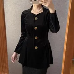 ヴィンテージ レトロ古着 フラワーゴールドボタンベロアブラウスジャケット 黒