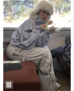 サイドリボンワイドスウェットパンツ　グレー