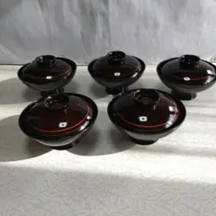 木製漆器 椀 5個セット えび茶色に朱色と緑色のライン