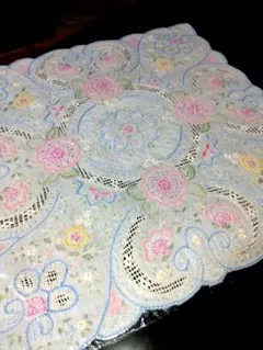 希少/1980年代/色花柄スワトウ刺繍/綿と麻/ハンカチ