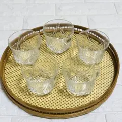 クリスタルガラス カットグラス 5個セット　竹製丸型トレー付　冷茶　コップ　軽量