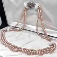 美品✨本真珠 3連 ボタンパール ネックレス シルバー刻印 ピンクパール